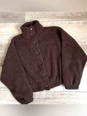 H&M Brown Teddy Sherpa Fleece Jacket Oversized Cozy Cropped Snap Front NWOT